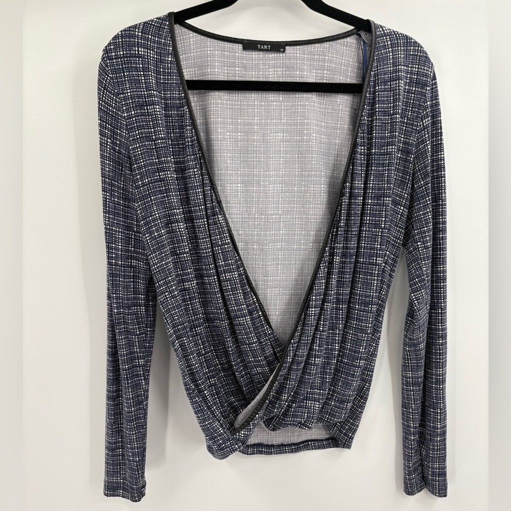 Tart collection Blue Checkered blue modal Long Sleeve Open Wrap Blouse size xs